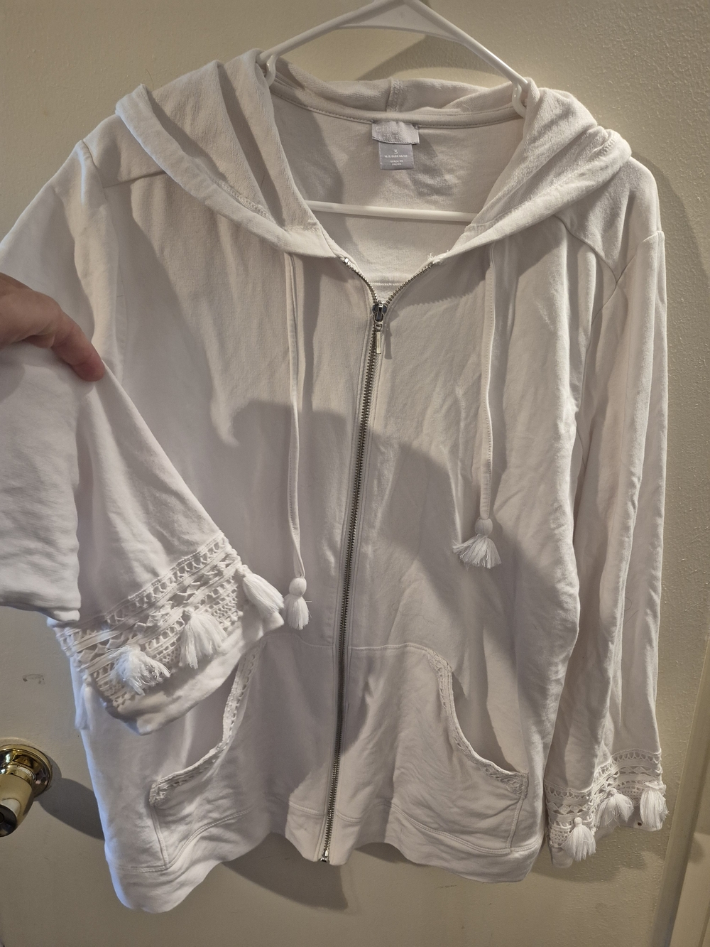 Chico's White Hooded Zip-Front Jacket with Tassel Trim